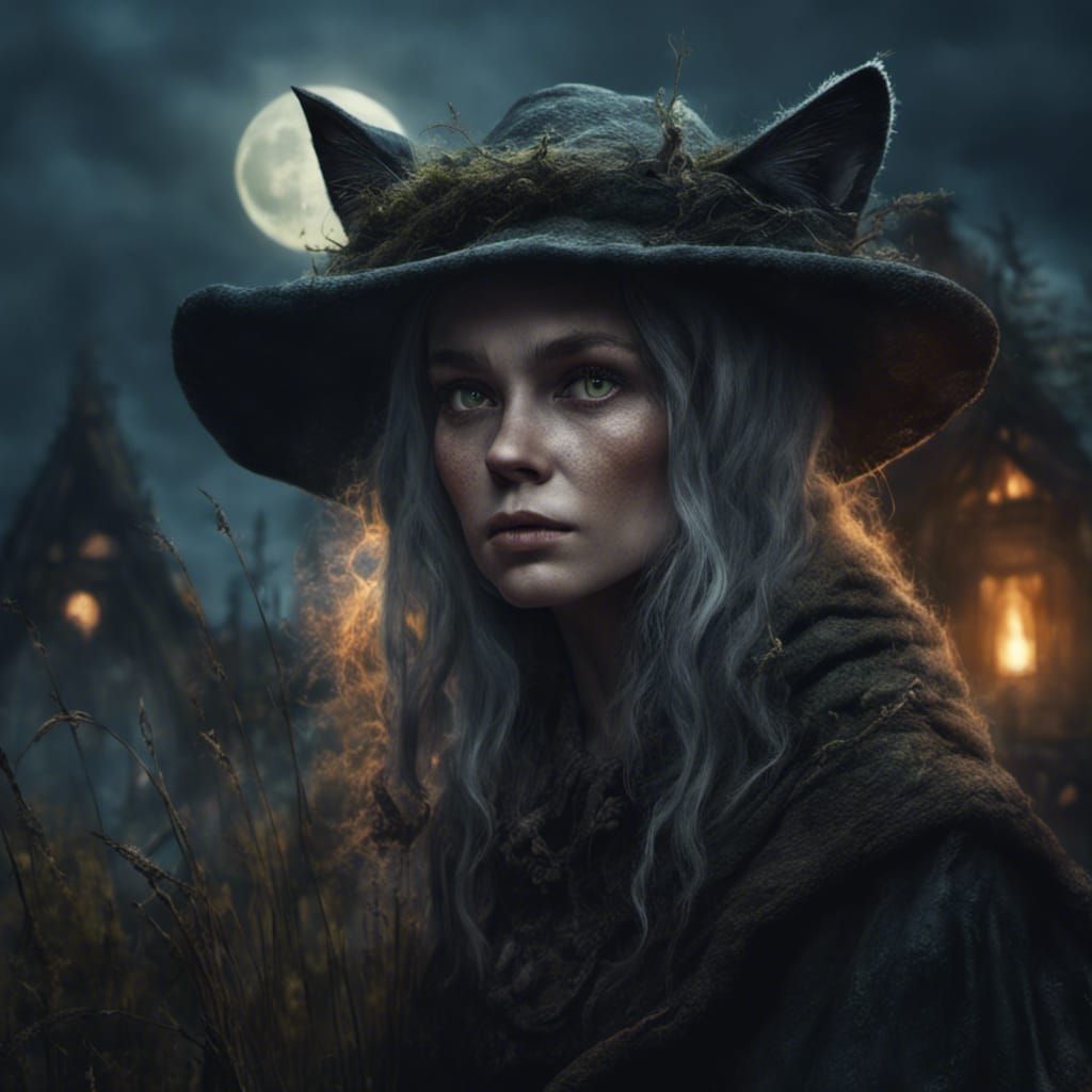 Moonlit beaitiful bog witch portrait  cat