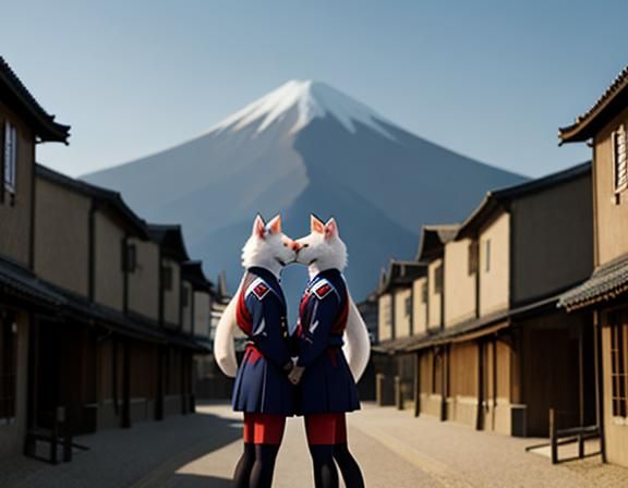 2 identical twin kitsune, wearing identical uniforms. Kissin...