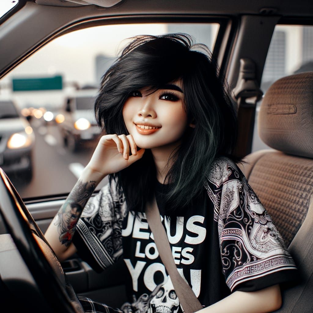 Emo Scene Woman Drives Down Highway with Radiant Smile