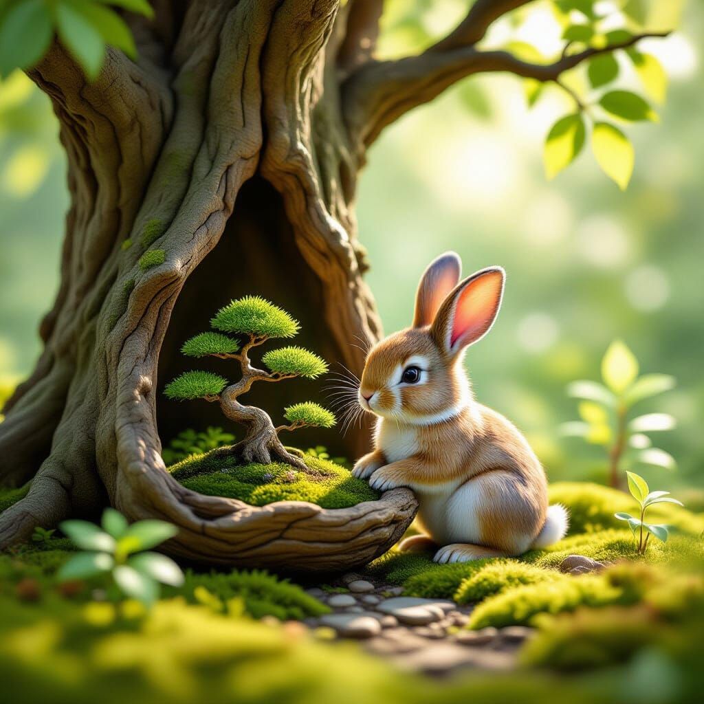 A whimsical rabbit meticulously tending to a miniature bonsai garden within a hollowed-out ancient tree. Sunlight filters through the leaves... - Start Image 2