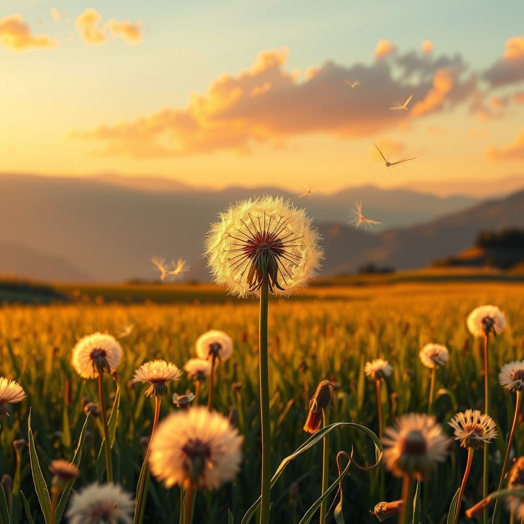 Surreal Dandelion Field in Golden Sunset Light