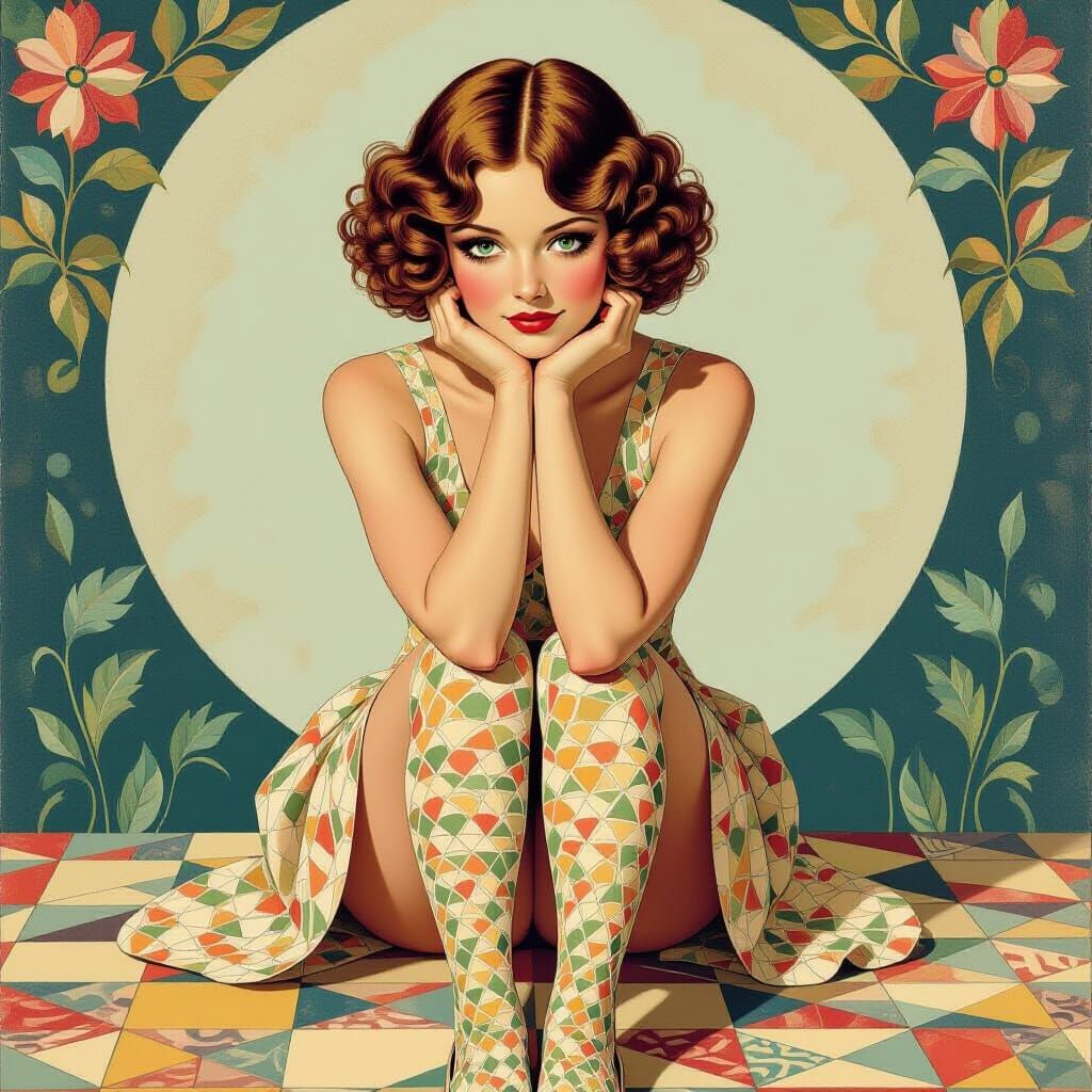 Surreal artistic image of colorful image of a girl sitting on the ground, knees raised, seen from the front, her head rests on her hands wit...