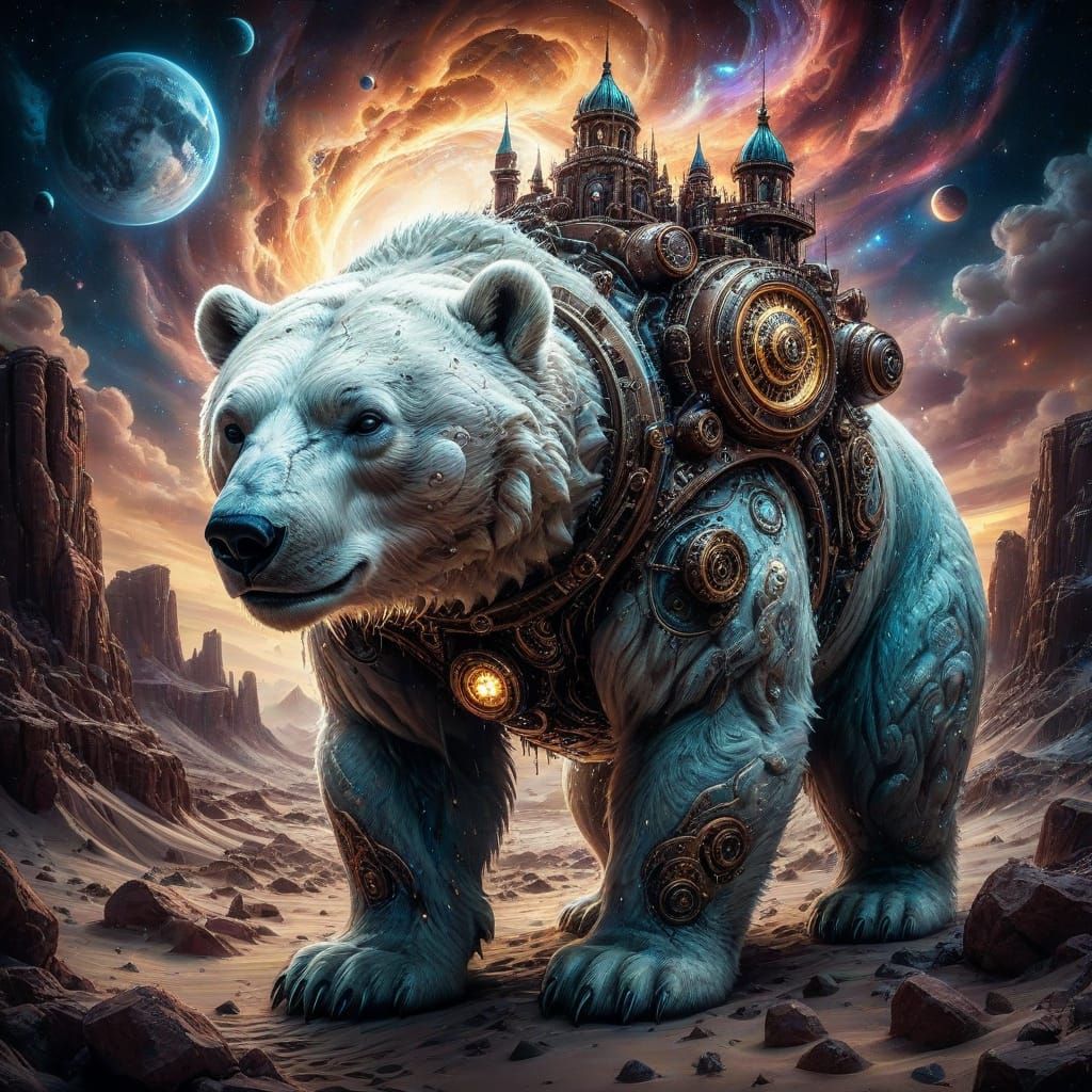 Clockwork Polar Bear in Cosmic Desert ⚙️✨