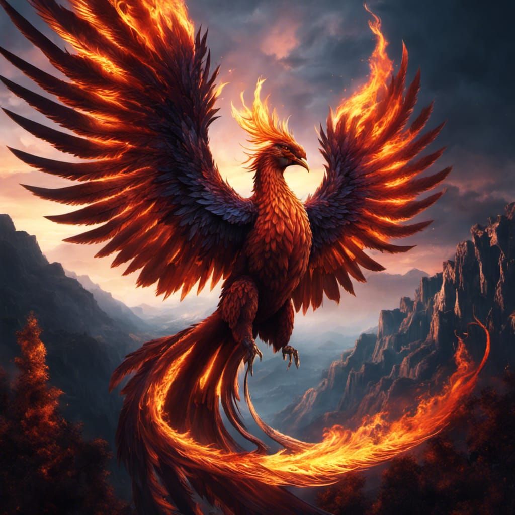 A Phoenix with wings made of fire rising to the sky, Behance...
