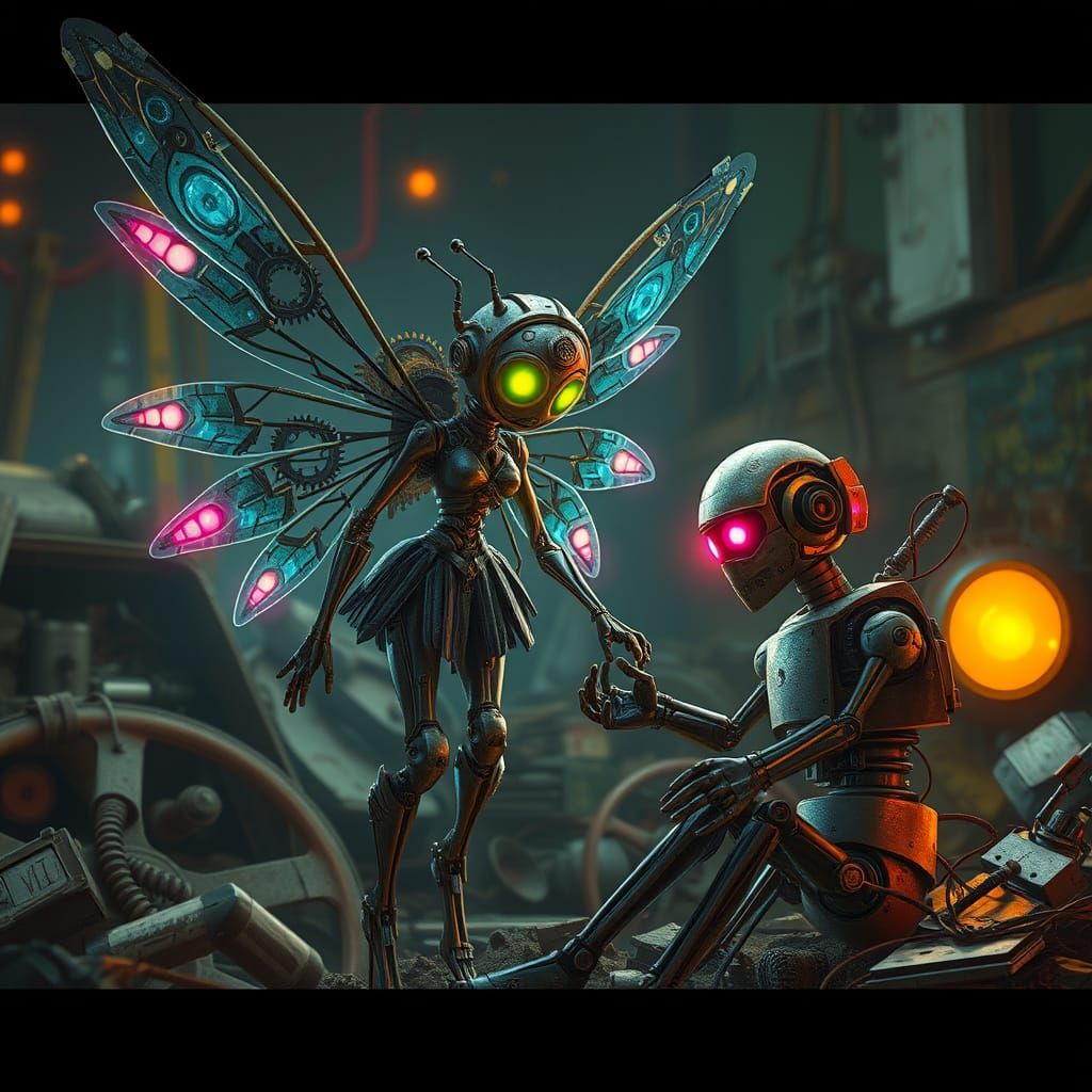 envision a mechanic fairy with gears for wings and glowing LED eyes, tinkering with a broken-down robot ...  by @Jemina