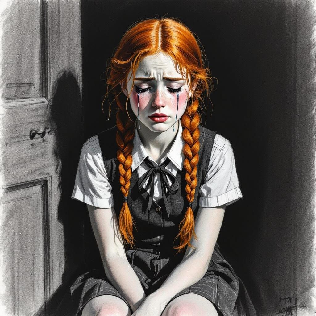 Girl in School Uniform Crying Raw Emotion Charcoal Drawing