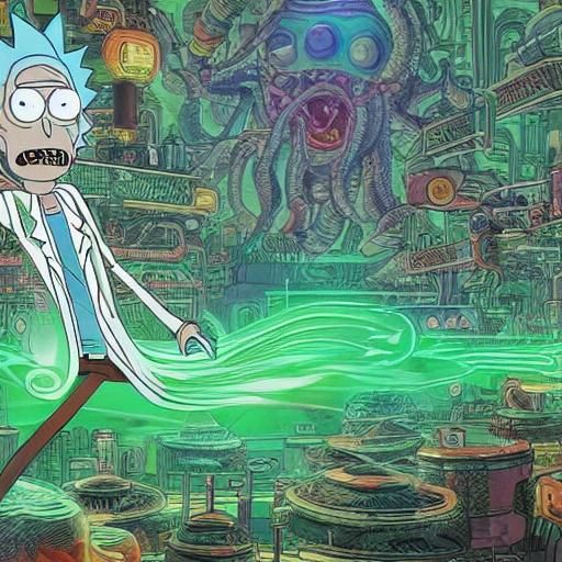 (Rick from Rick and Morty wearing white lab coat and holding...