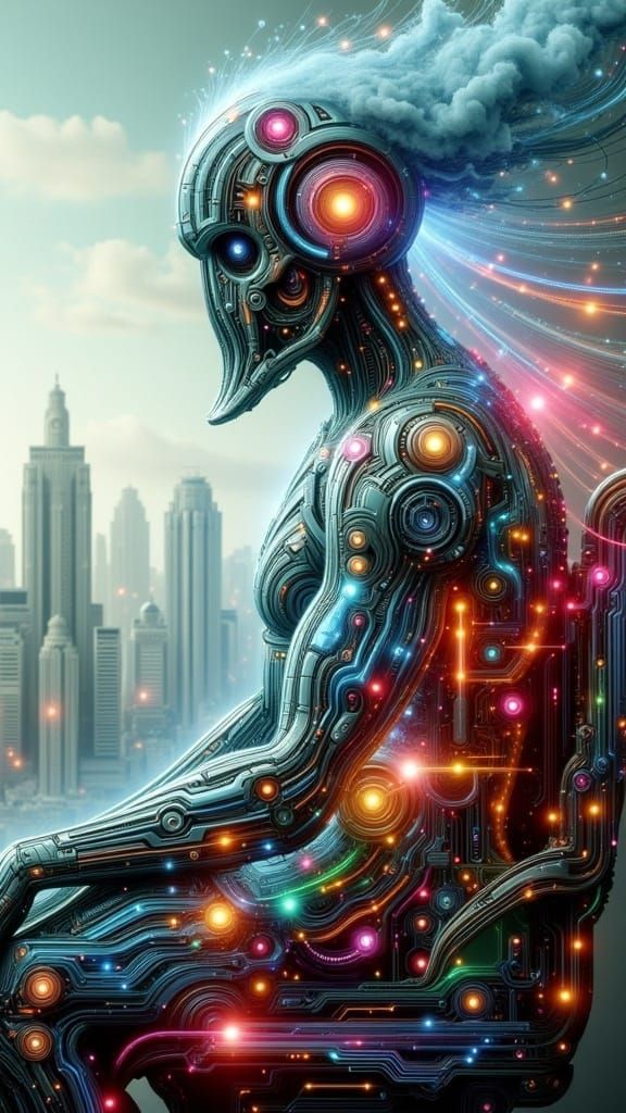 <lora:CyberFlux:1.0>  A cyborg sitting in a chair, his body visible is infused with double exposure style images of a cyberpunk metropolis a...