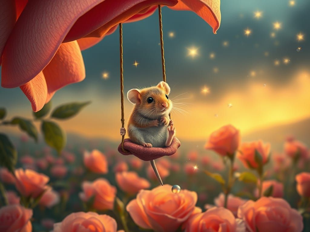 A tiny, fluffy mouse sits on a swing 