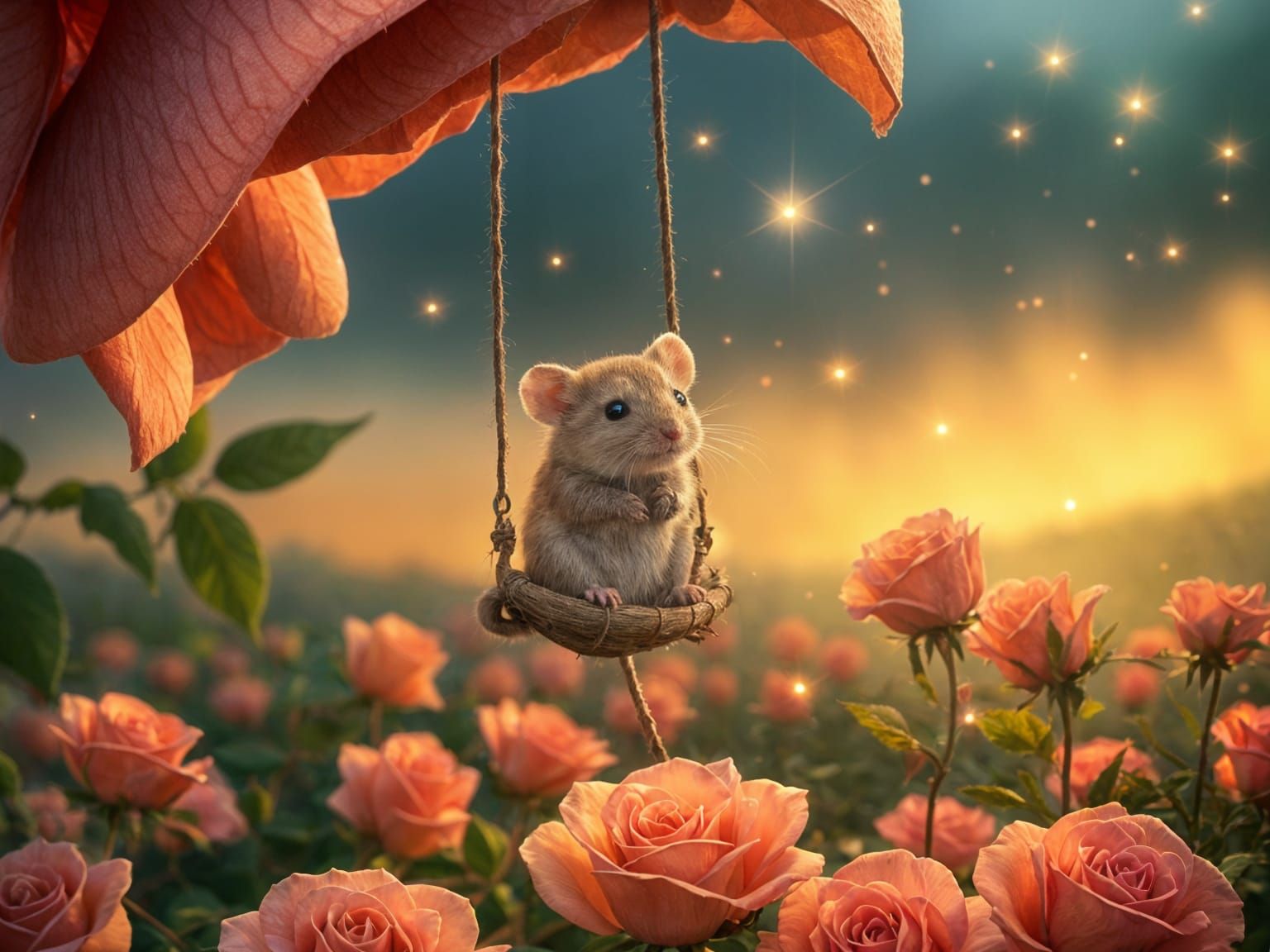 A tiny mouse sits on a swing   by @Kirst