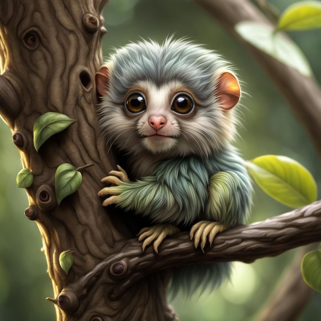 Chibi Pygmy Marmoset on Tree, Detailed Digital Art