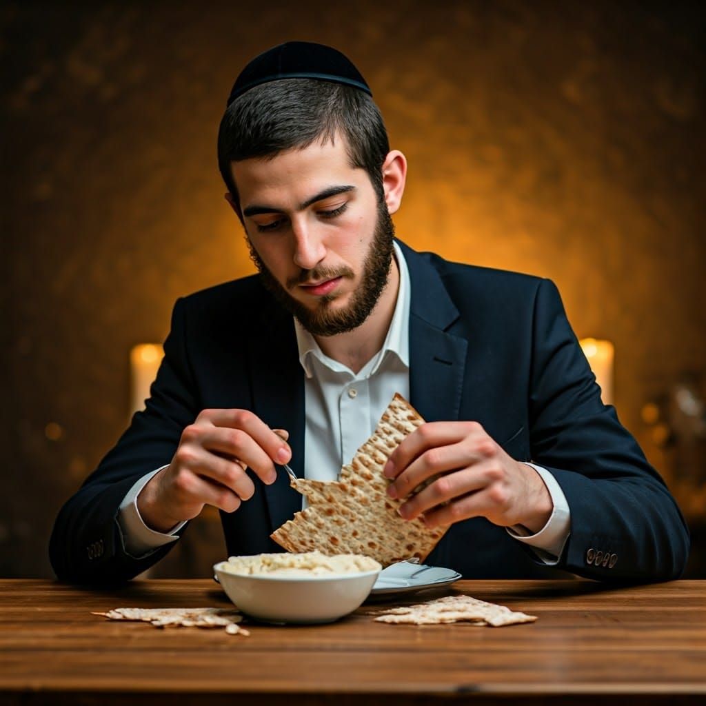 Young Ultra-Orthodox Man Savoring Shabbat Matzah with Chummu...