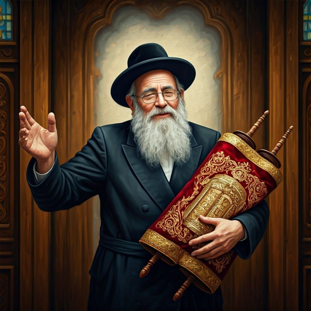 Hasidic Rabbi Dances with Torah Scroll in Intimate Synagogue...