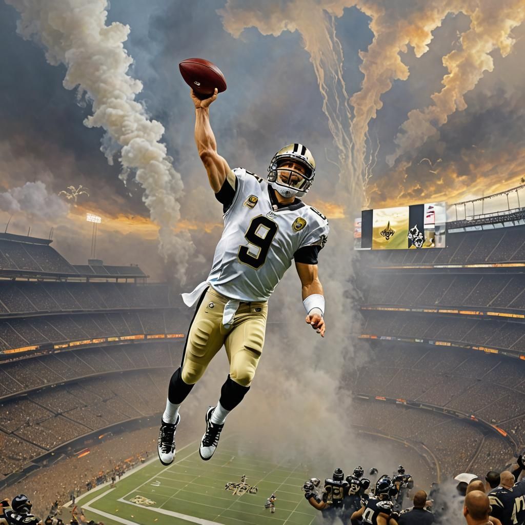 Drew Brees in Saints Uniform flying high over the Superdome ...