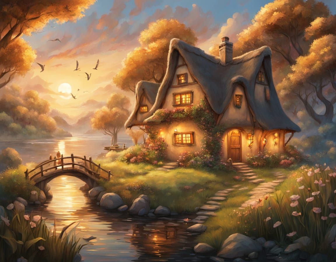A cozy fairytale cottage with a steep thatched roof, glowing warmly at golden sunset, nestled beside ...  by @Juri Dream 