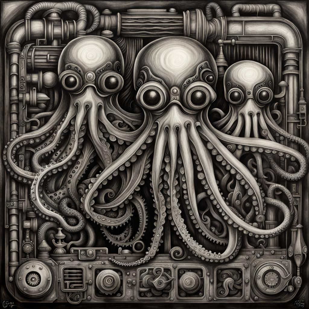 23 small octopuses in h. r. giger style steampunk engine hyp...
