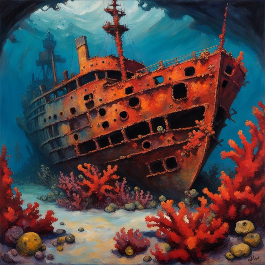 Shipwreck at the bottom of the ocean