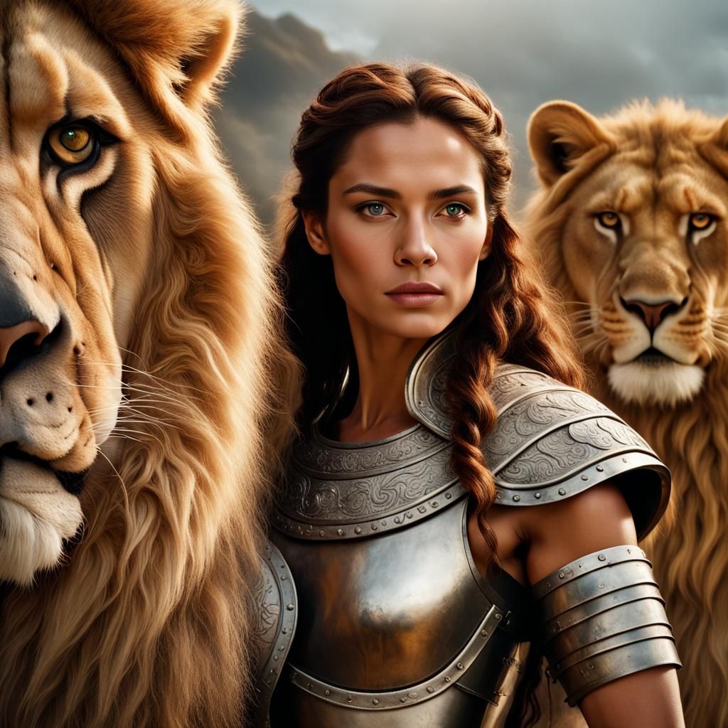 Beautiful woman warrior angels and guardian lion king