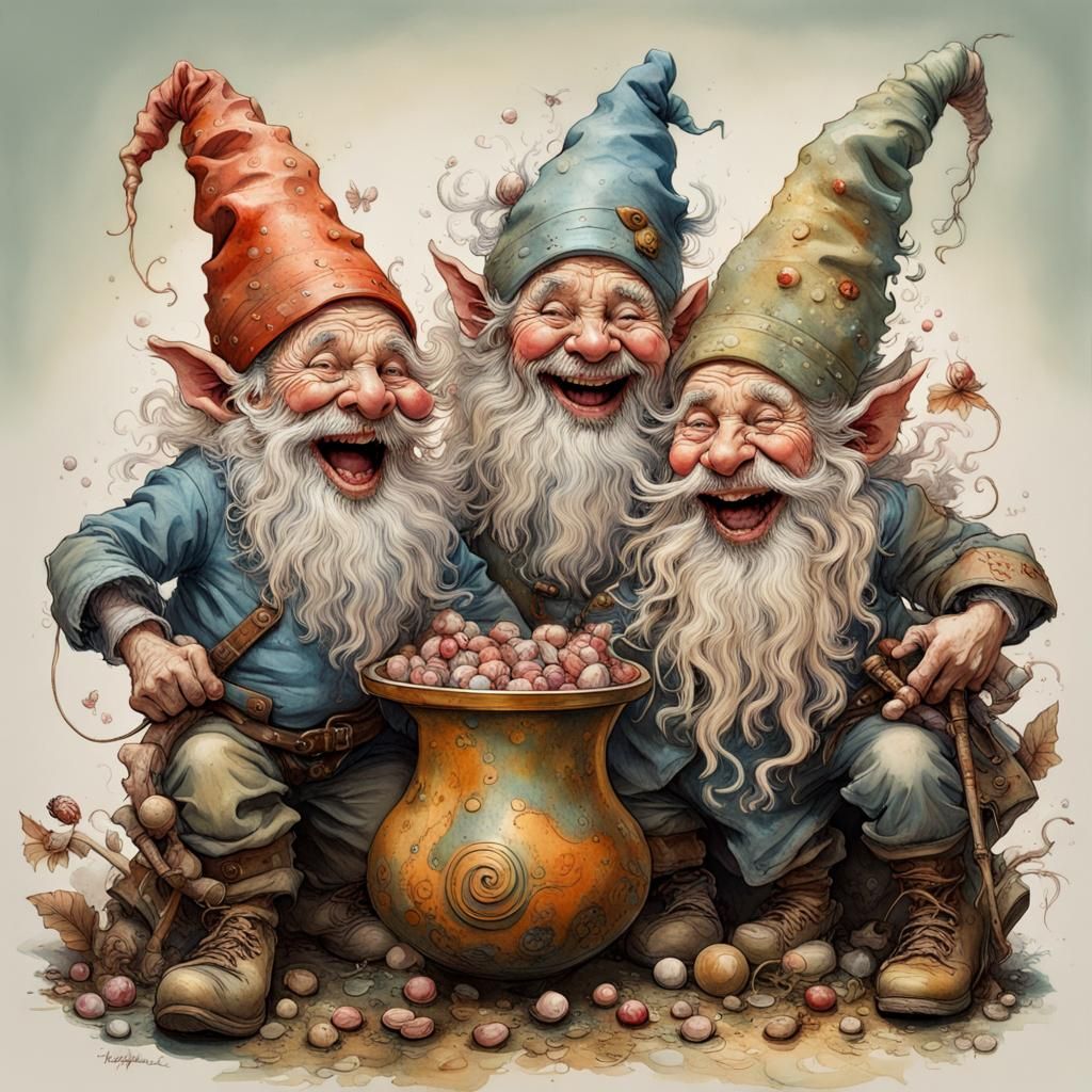 three gnomes laughing hysterically, by Jean-Baptiste Monge and Norman Rockwell, insanely detailed and textured, volumetr...