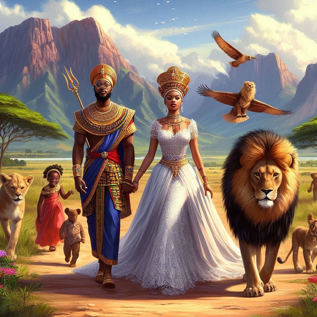AFRICAN KING AND QUEEN WITH A LION