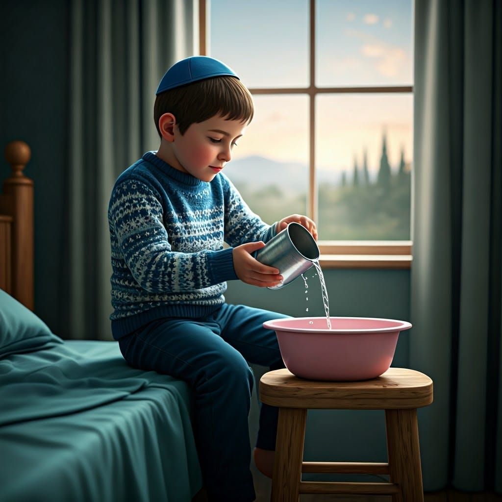 Young Boy Practices Morning Handwashing Ritual in Serene Env...
