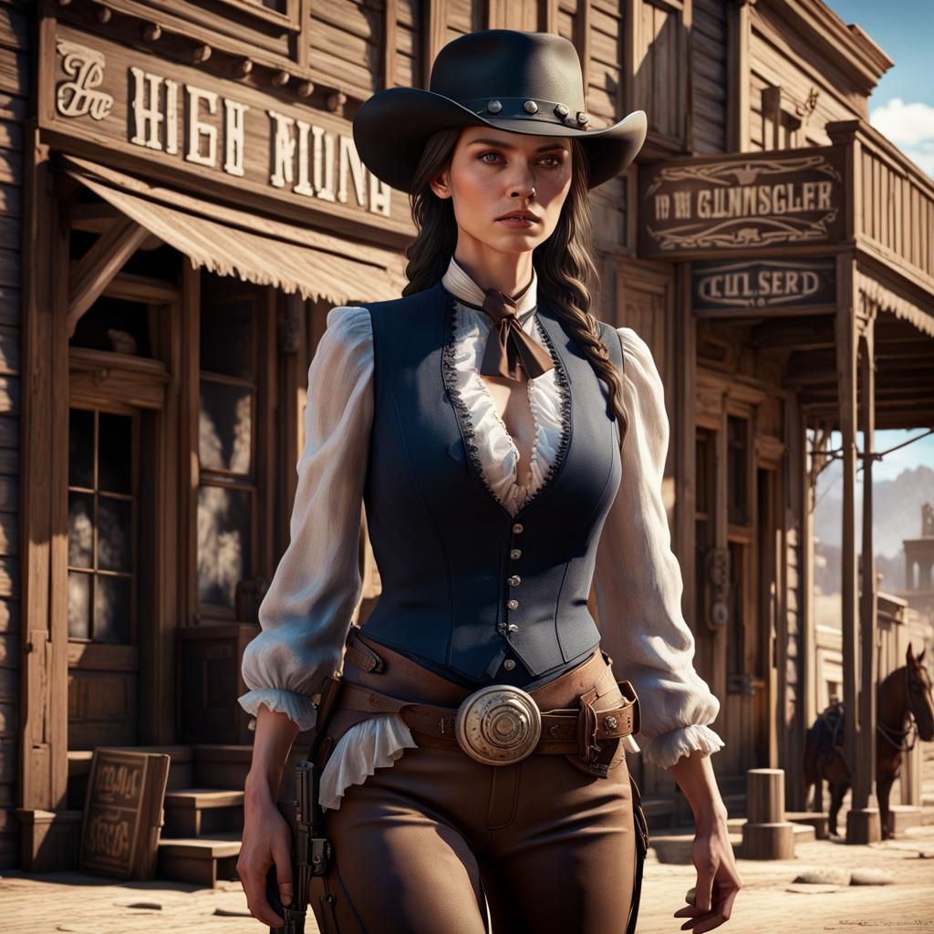 Beautiful model, gunslinger standing on the main street of an old west ...