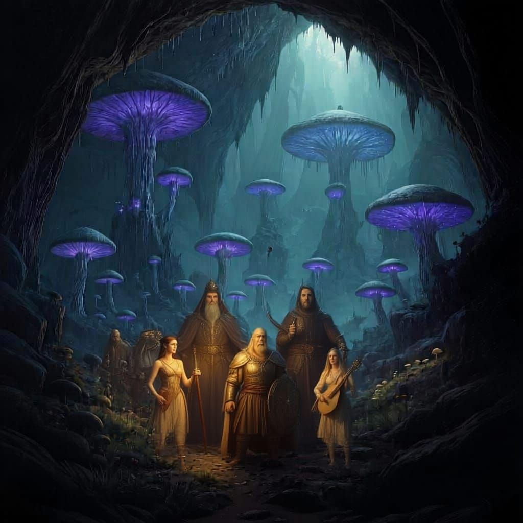 An adventurer party of five carrying a single torch, lost in a massive hauntingly beautiful cavern studded with softly luminous strange plan...