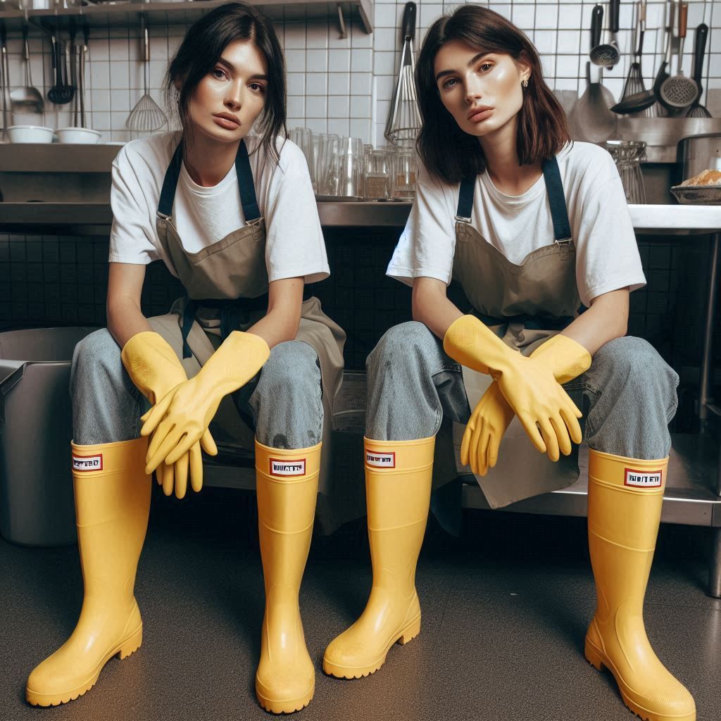 Two tired 30 year old french women, preparing to a kitchen, wearing yellow rubbergloves, white rubber boots made by Hunt...