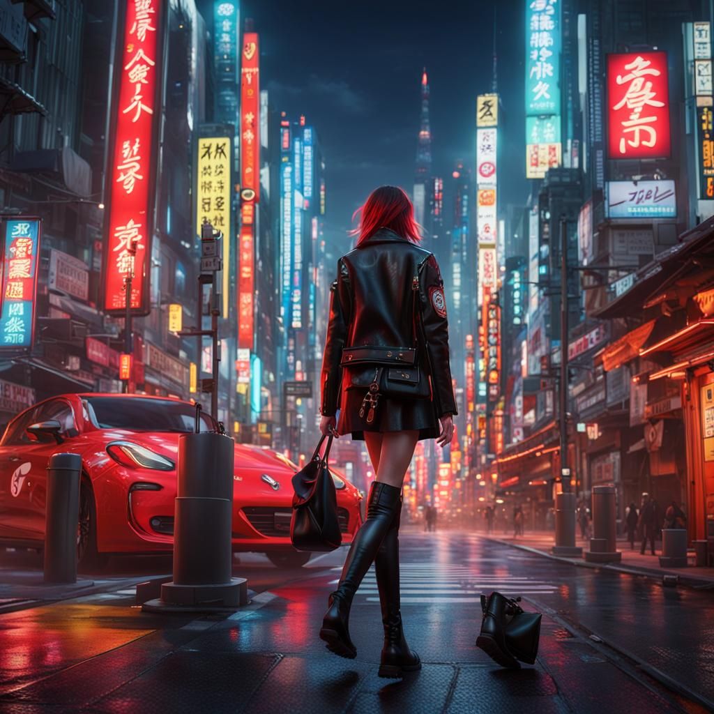 A stylish woman walks down a Tokyo street.