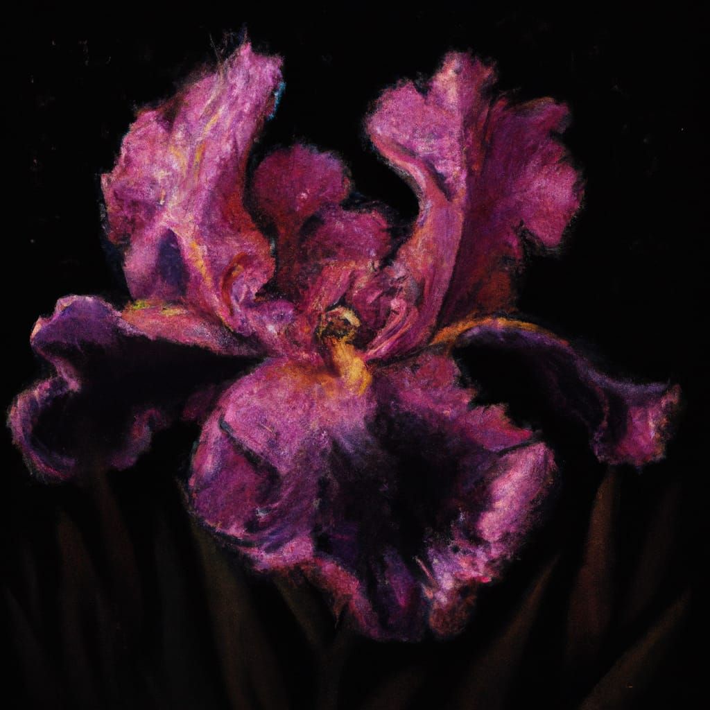 black background Closeup of one perfect iris flower the bottom