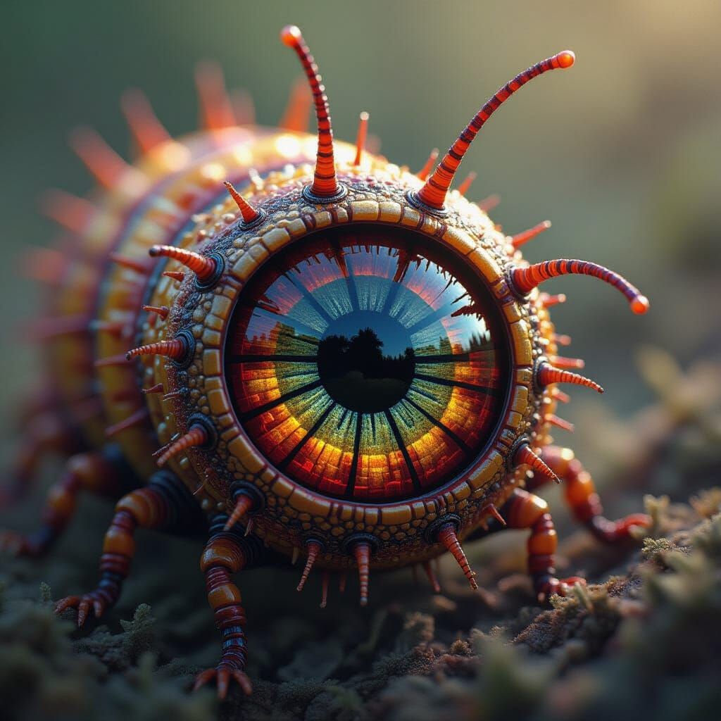 A caterpillar's eye, intricately detailed, with thousands of individual lenses, in a mesmerizing mosaic ...  by @PeteArtwork