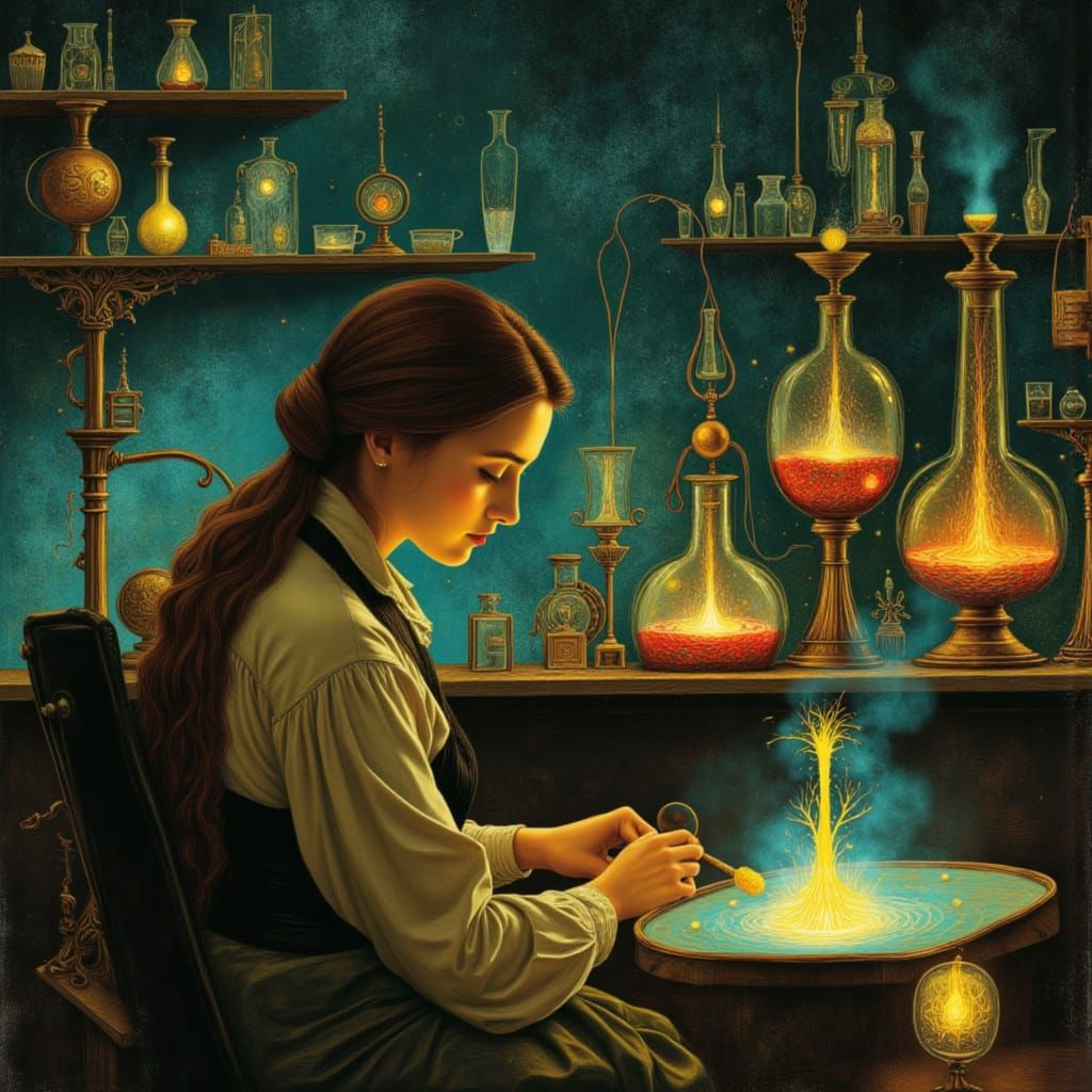 <lora:mixit:1.0> <lora:MJ Style:1.0> <lora:mmcollage:1.0> <lora:Scratch Art:1.0> A lady scientist with a determined expression, working at a...