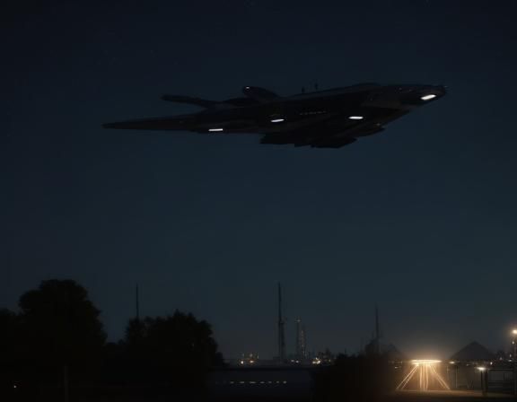 futuristic warship over a suburban neighborhood at night sta...