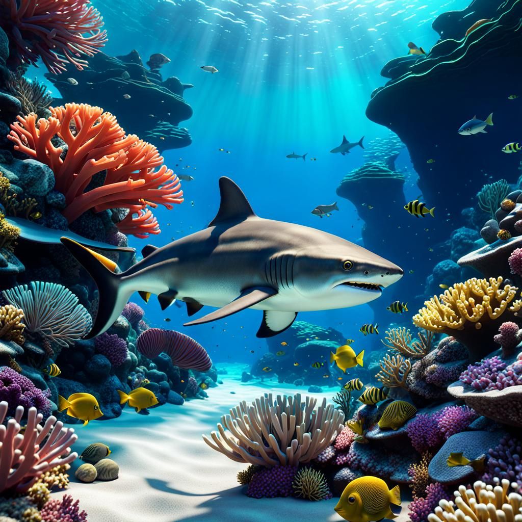 Great white shark, swimming through tropical coral reef. - AI Generated ...