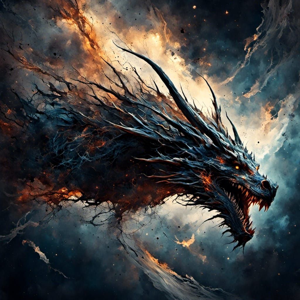 dragon flying in space <lora:Coherent:1.0> deep space <lora:Dark:1.0> big teeth  by @Likvi