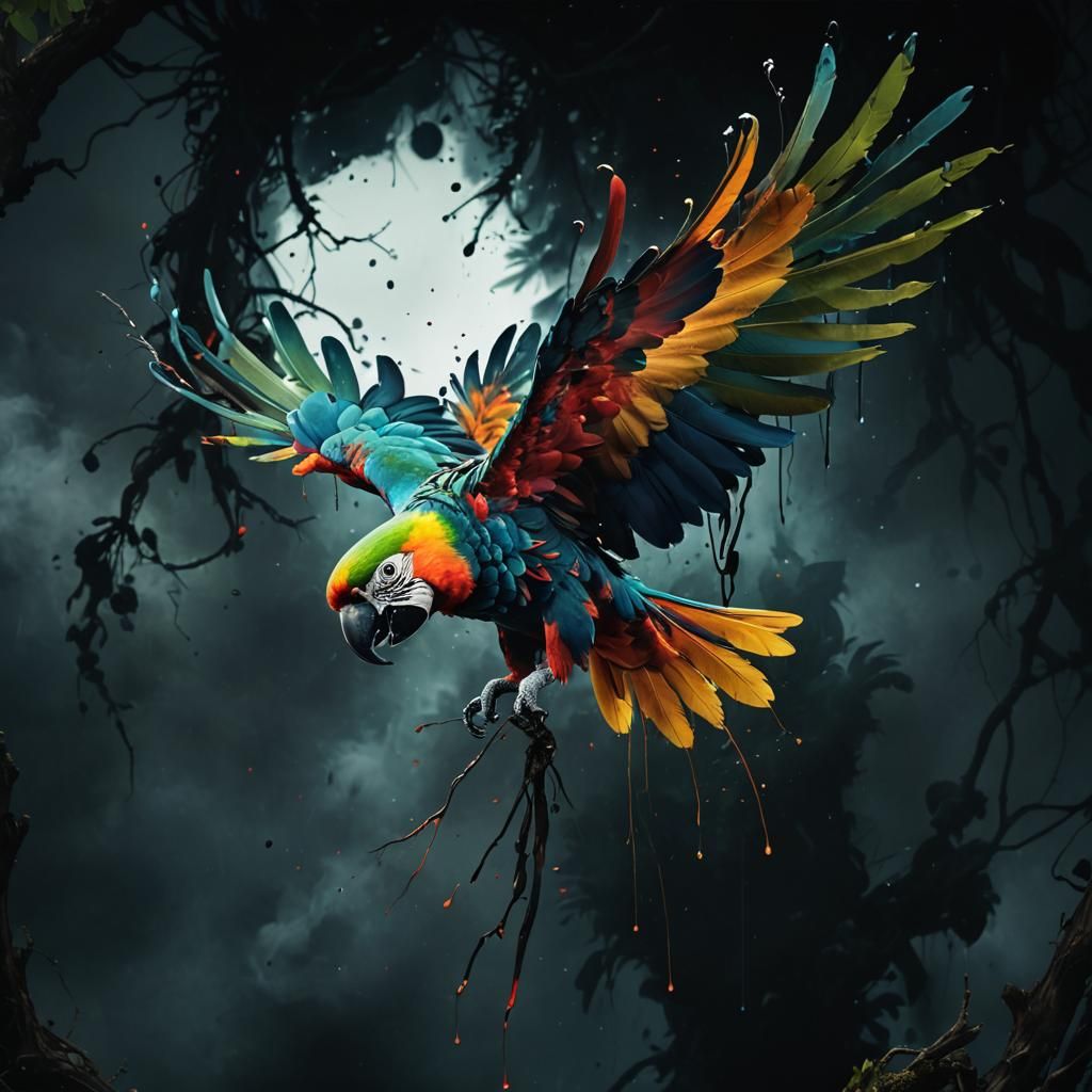 flying parrot in vibrant colors dissolving into liquid ink

rorschach symmetry

dark surreal grotesque ...  by @Da-Li-Nay