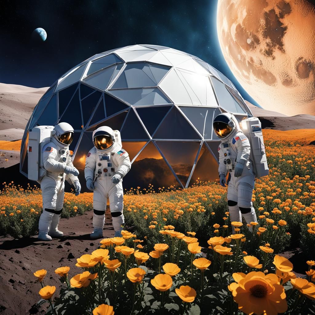 Three men in spacesuits tending to the flowers in a geodesic...