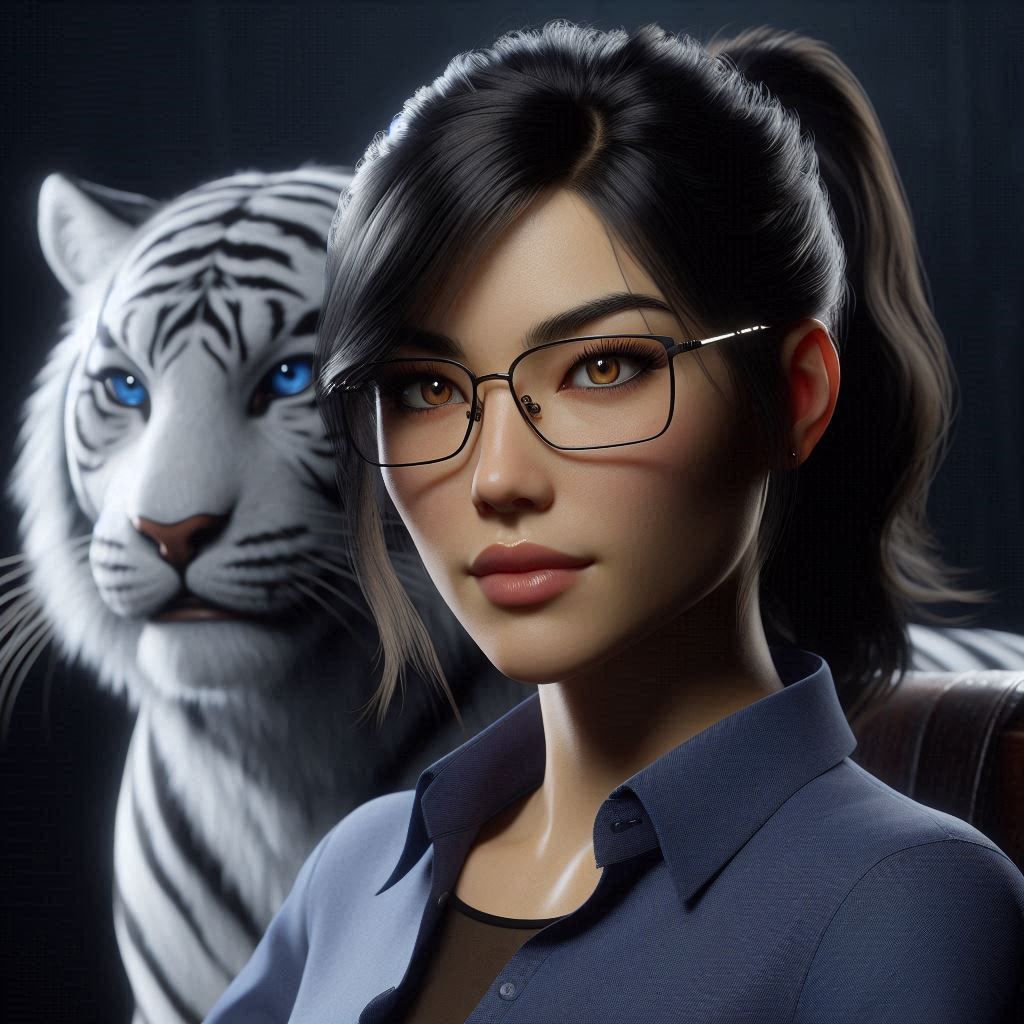 Titaness Kitana relaxing with a white tiger cub