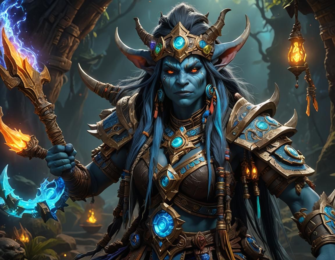 Bioluminescent Warcraft Troll Shaman Healer in Dark Fantasy