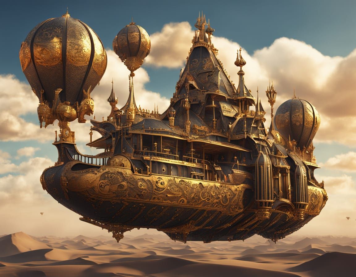 The flying ship is made of black metal with gold ornaments in a style that mixes egyptian aesthetic and ...  by @Imarti94