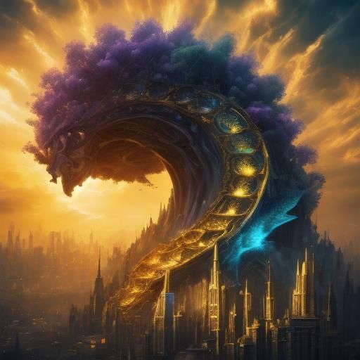 Fantastical Guitar Cityscape in Vibrant Colors