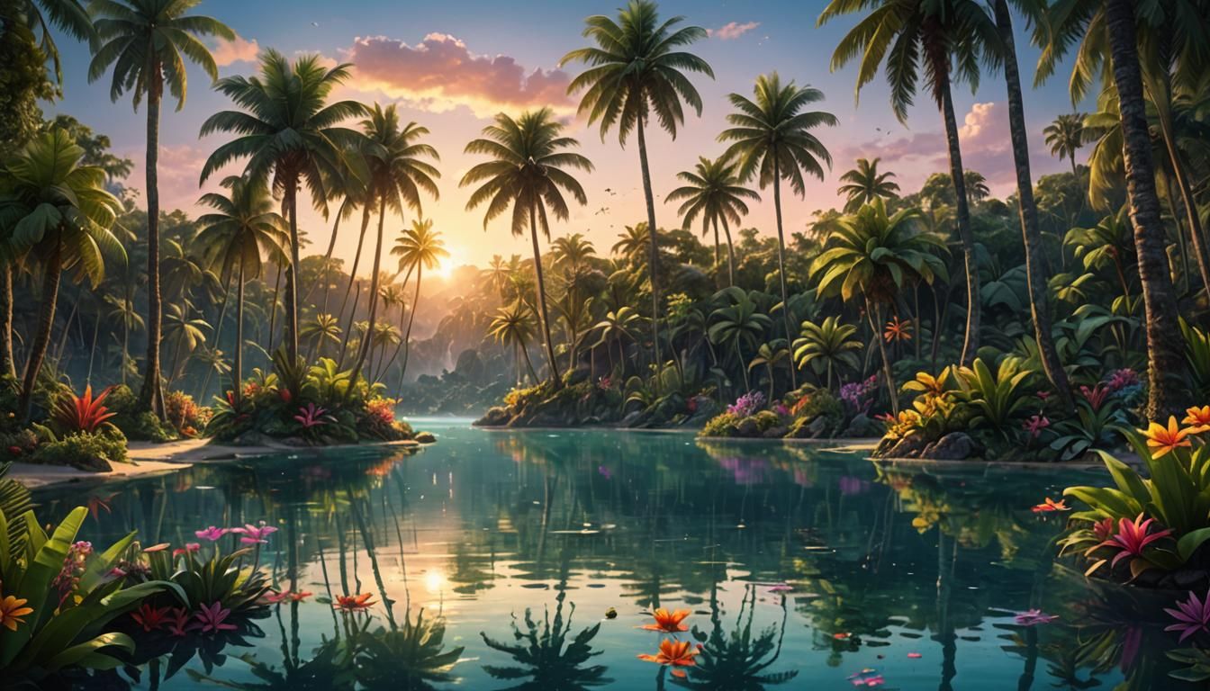 Visualize a serene lagoon surrounded by tropical palm trees and exotic flowers. The water is calm and ...  by @Sumontha Sae-Lim