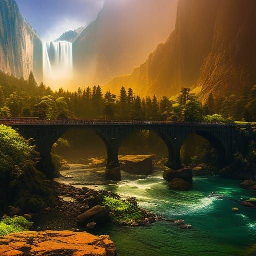 travellers traversing the rainbow bridge Epic cinematic brilliant stunning intricate meticulously detailed ...  by @Rhyder