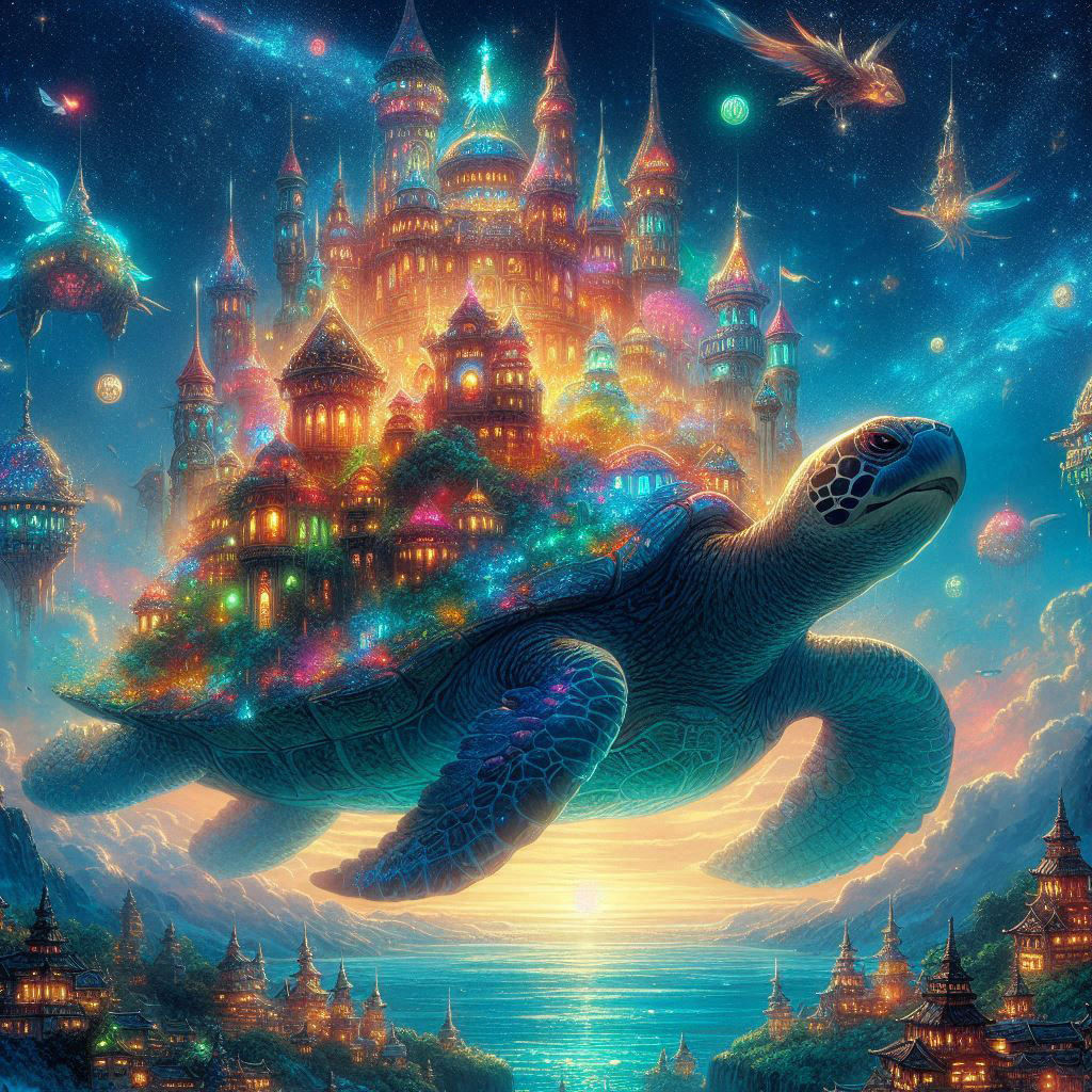 Turtlelly awesome fantasy turtle with colorful castle on its...