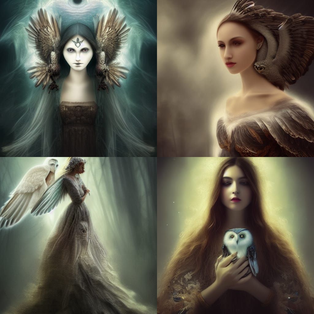 Woman with white owl, cinematic realism, beautiful, mystical...