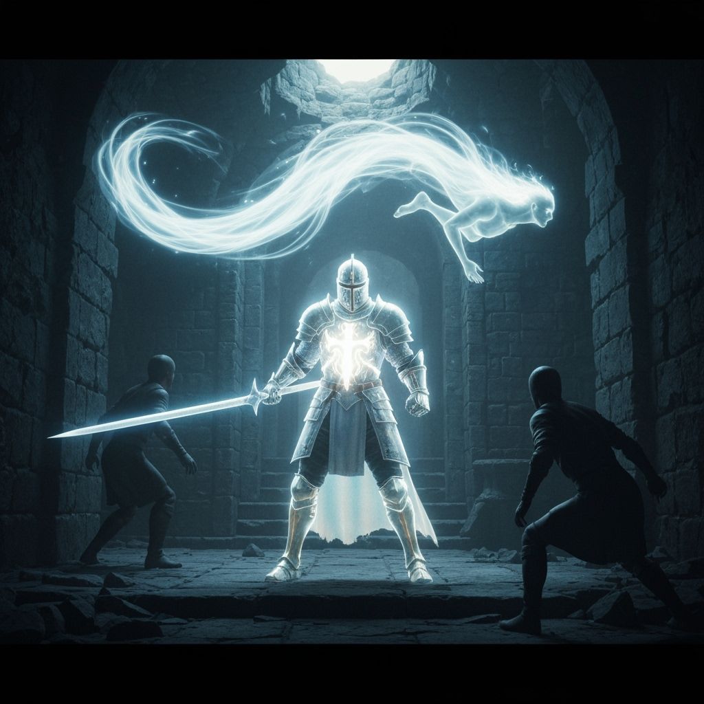 A man in shining armor made of light with a wind spirit flowing around him defending a crumpled figure in a stone corridor from two shrinkin...