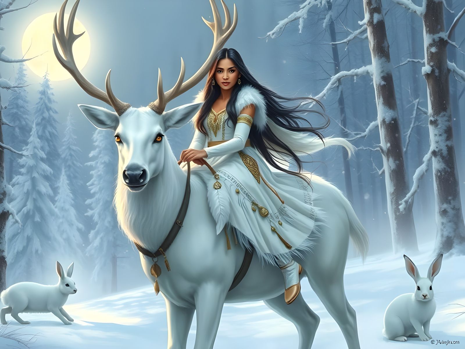 Mystical White Deer and Snow Princess  by @Gary Murakami