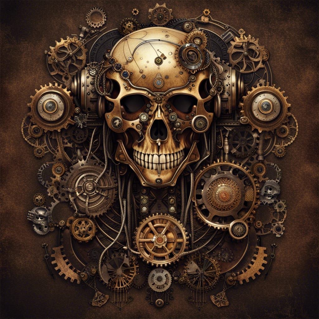 A cyborg skull in steampunk look