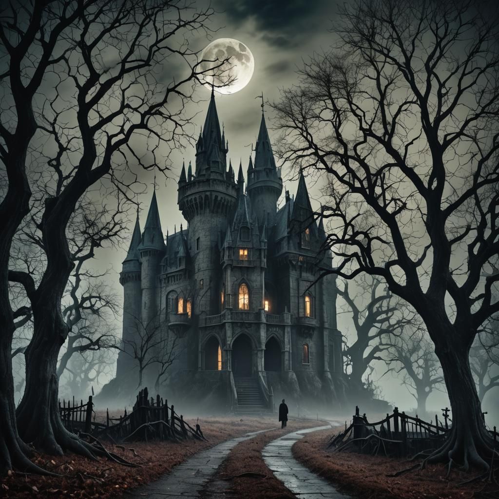 Gothic castle, full moon, twisted trees, shadowy figures, fo...