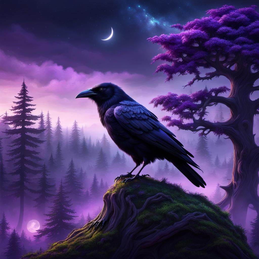 view of a crow on top of a tree, epic fantasy style, purple ...